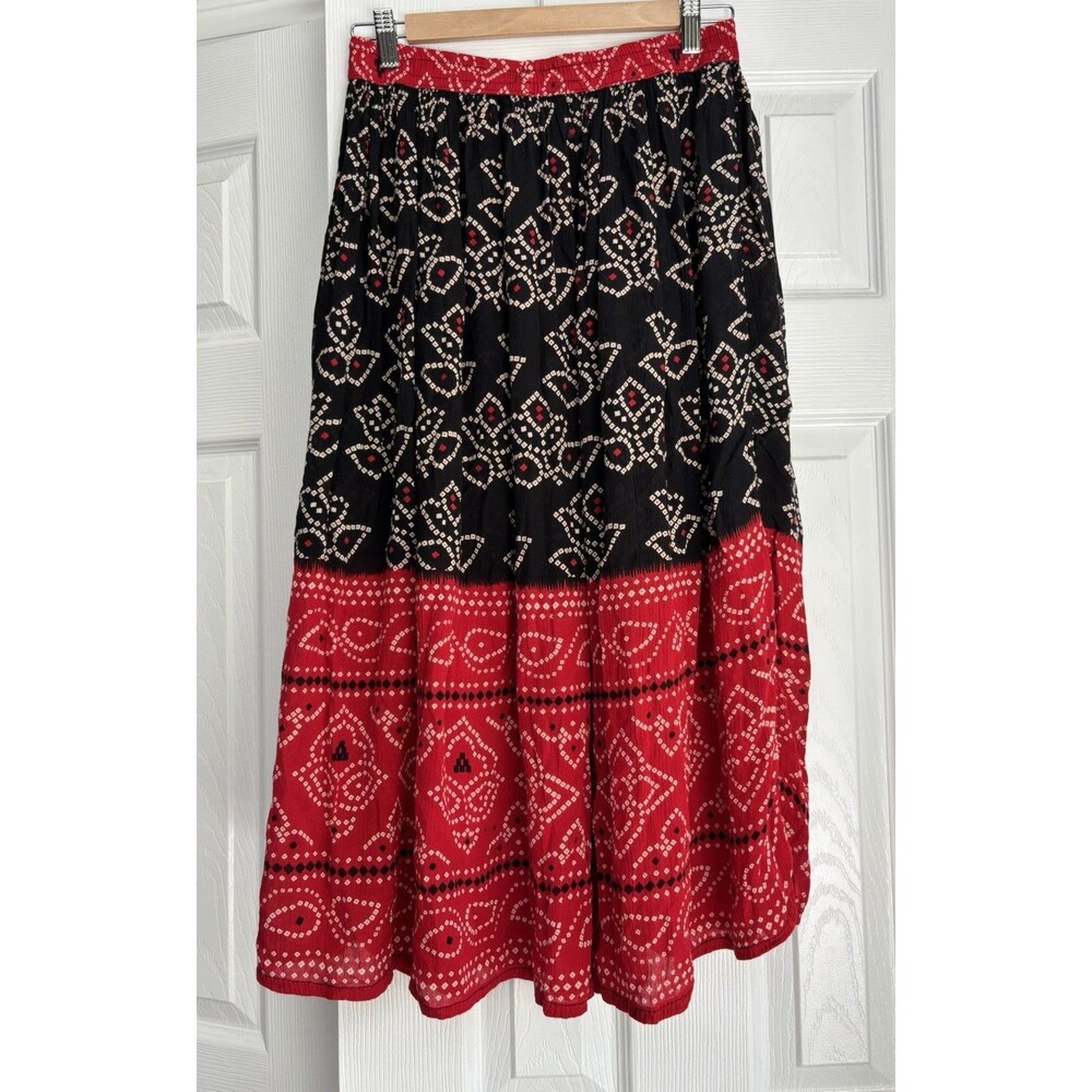 Jessica Taylor Crinkle Skirt Floral Bandana Mix Black & Red Boho 90s Sz L/XL
